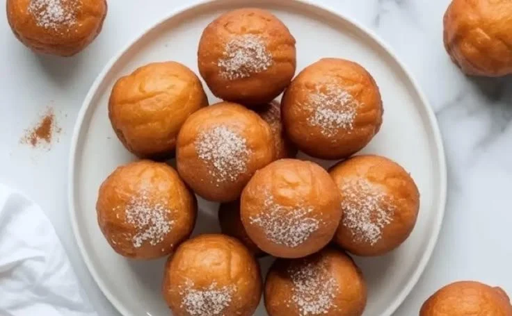 Plate of delicious gluten-free donut holes dusted with powdered sugar