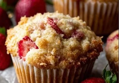 Gluten-free strawberry cheesecake muffins on a plate with fresh strawberries