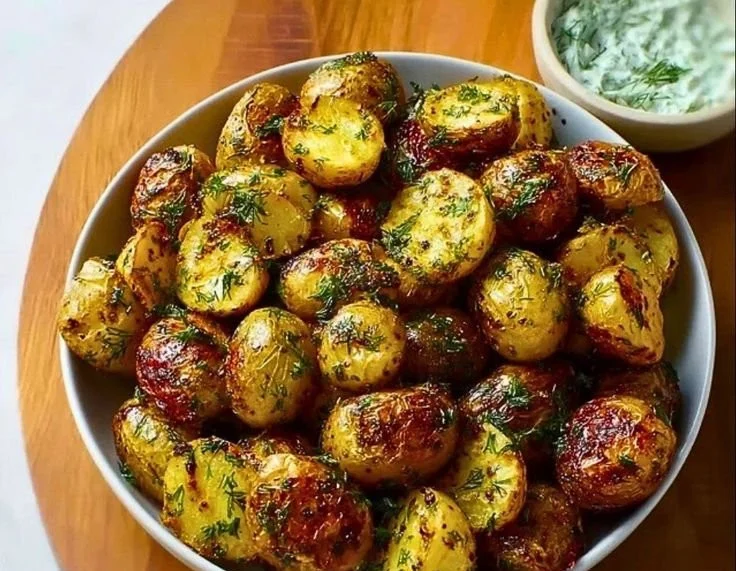 Golden Herb Roasted Baby Potatoes served on a white plate garnished with herbs.