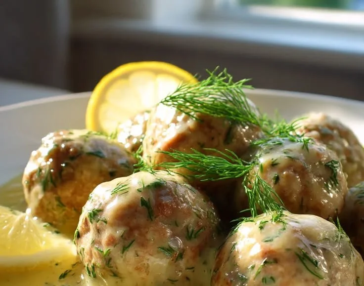 Greek beef meatballs served in tangy lemon sauce