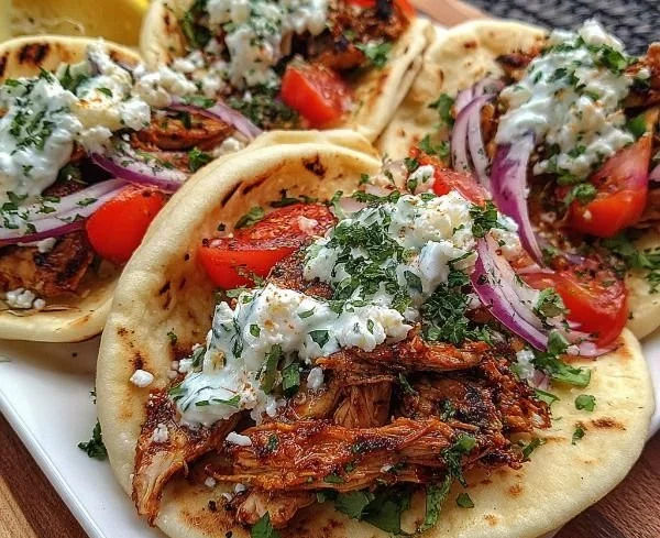 Greek Chicken Gyros served with feta-tzatziki sauce on a plate
