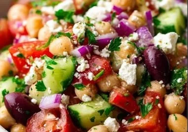 Greek Chickpea Salad with feta cheese, fresh vegetables, and herbs.