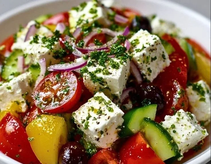 Delicious Greek Cottage Cheese Salad with fresh vegetables and herbs