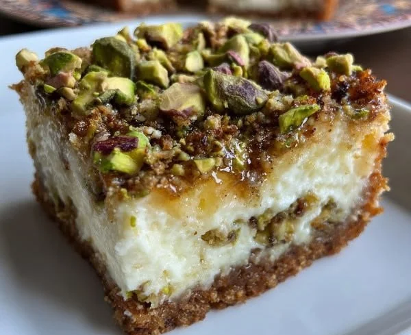 Greek Honey Pistachio Cheesecake Bars topped with honey and crushed pistachios