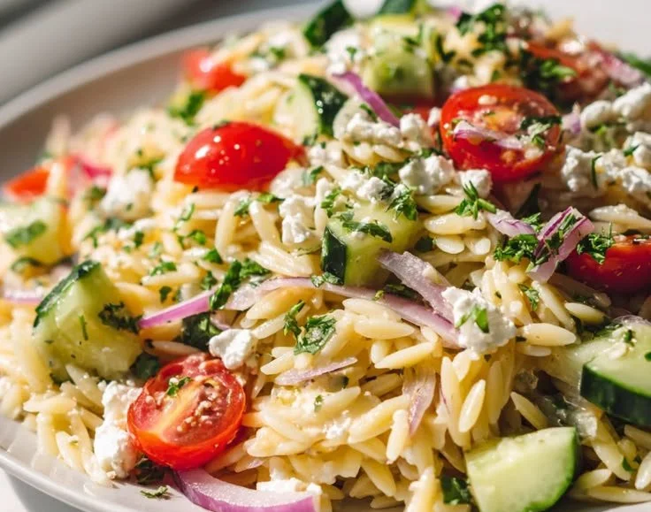 Colorful Greek Orzo Pasta Salad with fresh vegetables and dressing