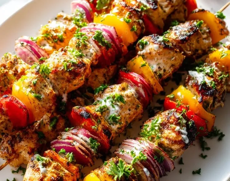 Greek-style chicken tender skewers grilling on a barbecue