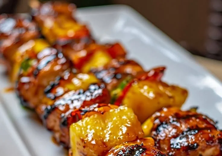 Grilled Pineapple Teriyaki Chicken Kabobs on skewers with vibrant garnishes