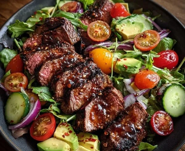 Grilled steak salad featuring tender steak and fresh vegetables in a bowl