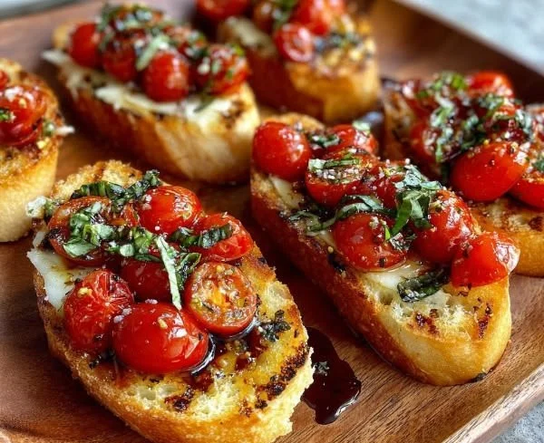 Grilled Tuscan Garlic Bruschetta topped with fresh tomatoes and basil