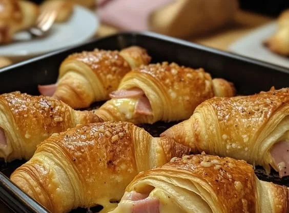 Delicious homemade ham and cheese croissants on a rustic wooden table