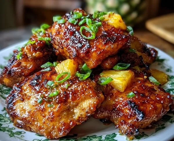 Hawaiian-style grilled chicken marinated in huli sauce on a grill