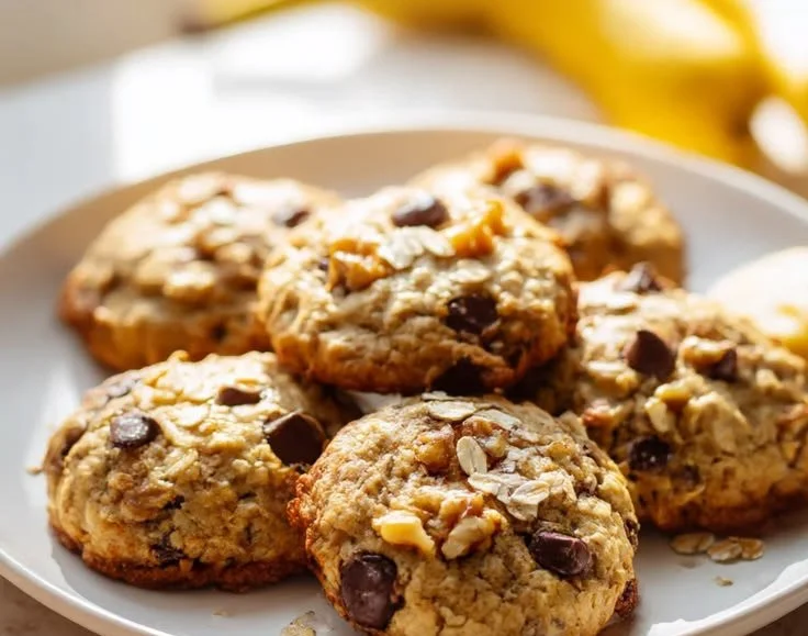 Healthy banana oat cookies topped with oats and bananas on a plate