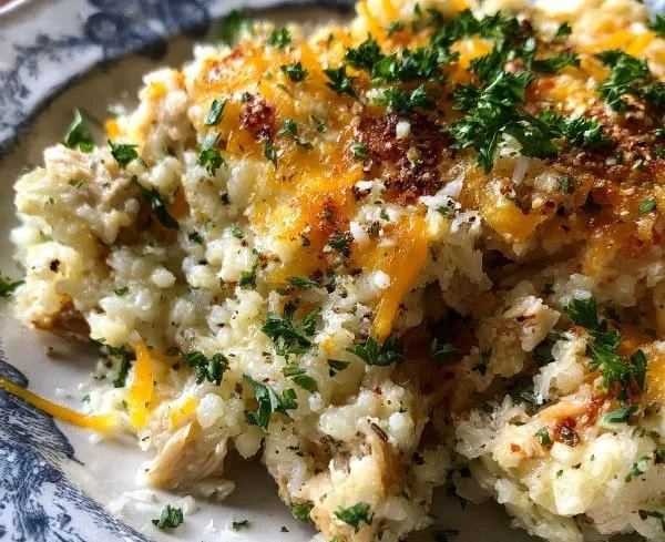Healthy chicken cauliflower rice casserole served in a bowl with fresh herbs
