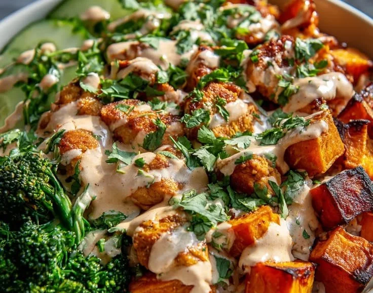 Healthy chicken sweet potato bowl with colorful vegetables and spices.