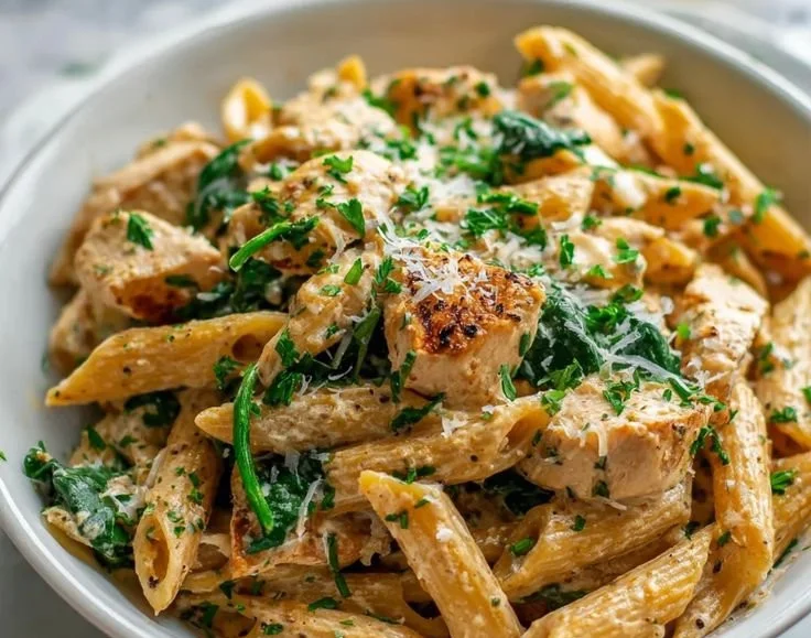 Healthy garlic parmesan chicken pasta dish served with fresh herbs.