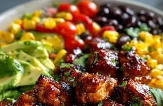 Healthy low-carb BBQ chicken bowl with fresh vegetables and sauces