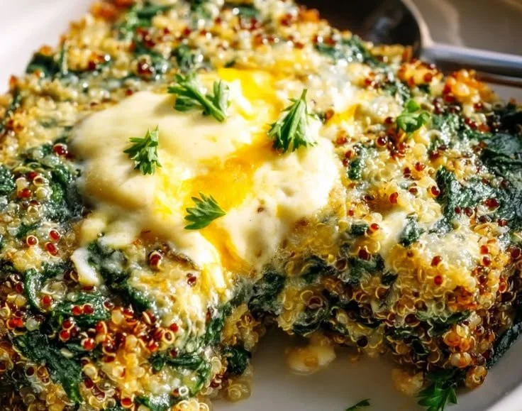 Healthy quinoa lentil spinach bake in a ceramic dish, garnished with herbs