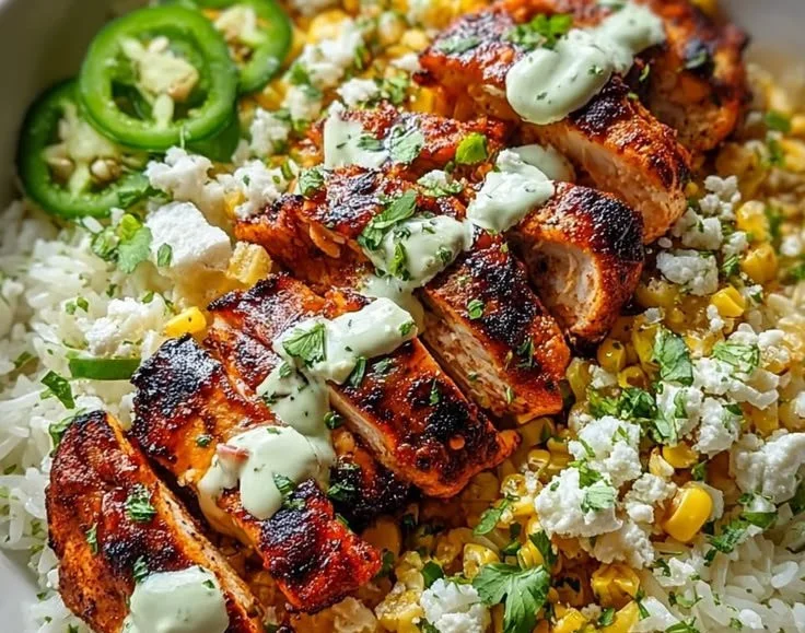 Healthy street corn chicken rice bowl dinner with vibrant ingredients