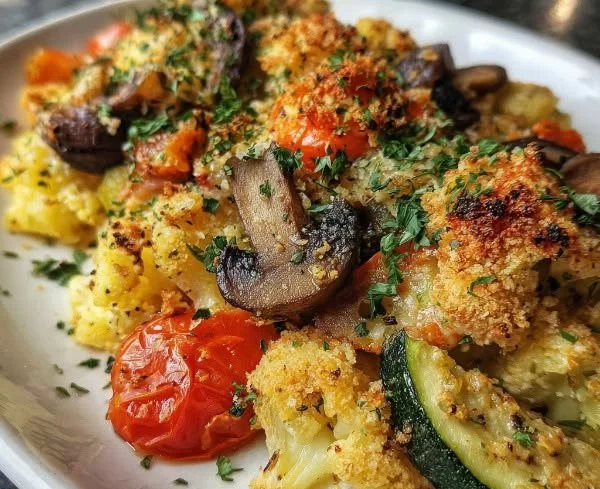 Hearty baked veggie casserole with colorful vegetables and a crispy topping