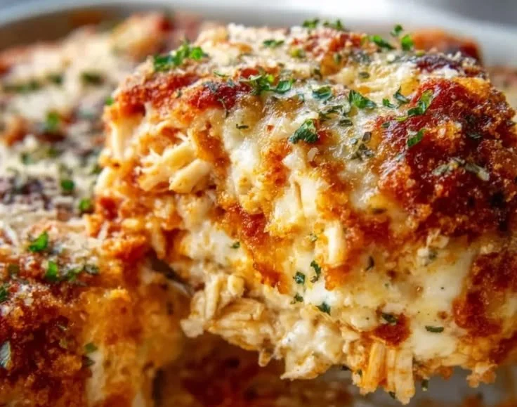 High-Protein Chicken Parmesan Casserole baked and ready to serve