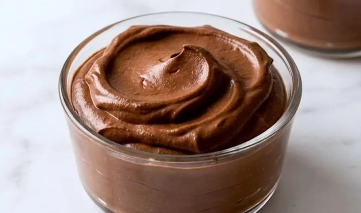 Delicious high protein chocolate mousse in a bowl with a spoon