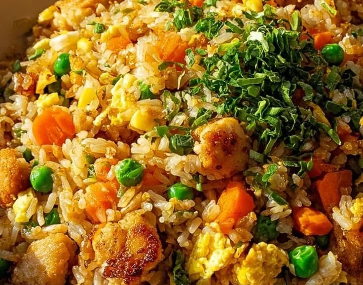 High-protein crispy garlic chicken fried rice served in a bowl.