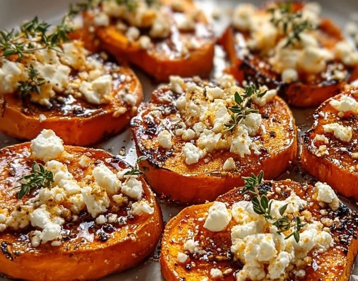 Honey feta sweet potato rounds topped with herbs and drizzled with honey