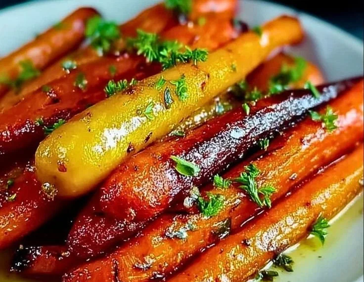 Honey garlic butter roasted carrots in a serving dish, garnished and ready to enjoy.