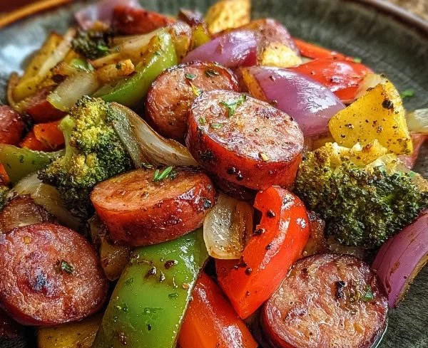 Honey Garlic Kielbasa served with colorful vegetables on a plate