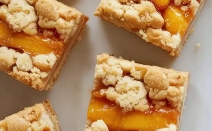 Honey-glazed peach crumble bars with a crunchy topping