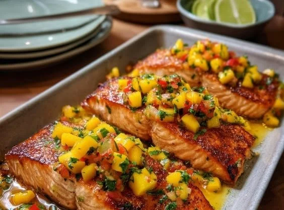 Delicious Honey-Lime Glazed Salmon served with vibrant Mango Salsa