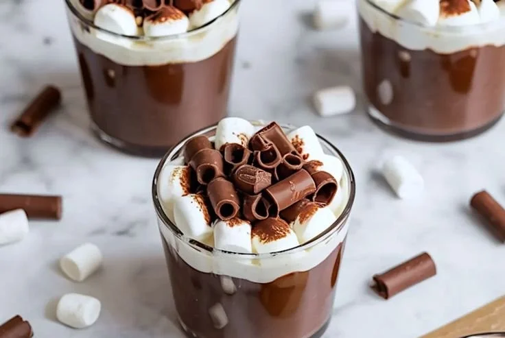 Delicious hot chocolate mousse cups topped with whipped cream and chocolate shavings