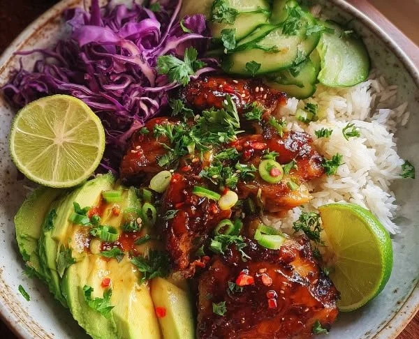 Delicious Hot Honey Chicken Bowl with rice and vegetables