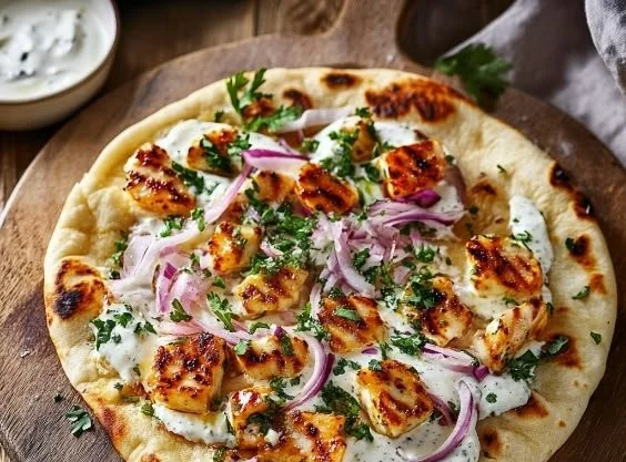 Hot Honey Halloumi Pitas served with fresh ingredients and a spicy honey drizzle