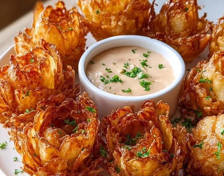Crispy mini blooming onions made in an air fryer, golden and crispy.
