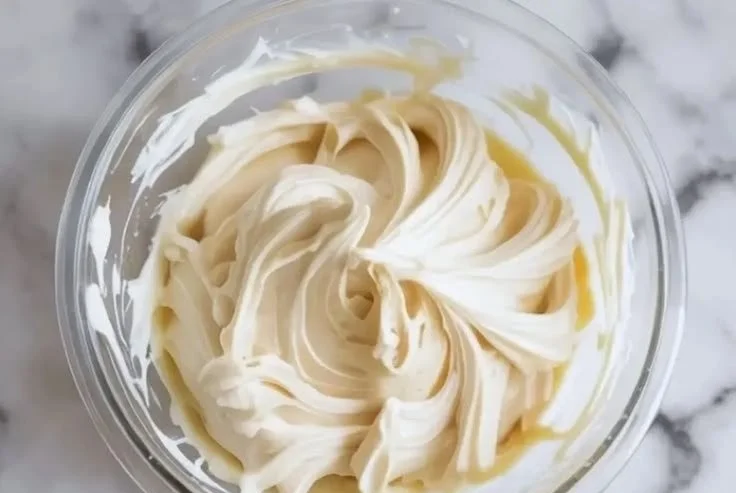 A delicious bowl of homemade coconut buttercream frosting ready for decorating pastries.