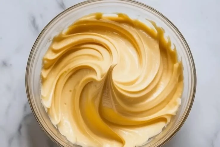 Delicious honey buttercream frosting in a bowl ready for decorating cakes.