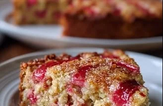Icelandic Rhubarb Oat Cake with fresh rhubarb and oats on a wooden table
