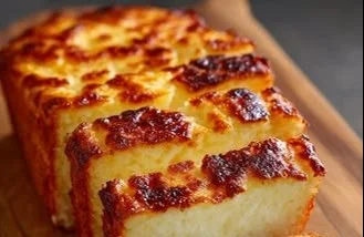 Sliced cottage cheese bread on a wooden board with ingredients around.