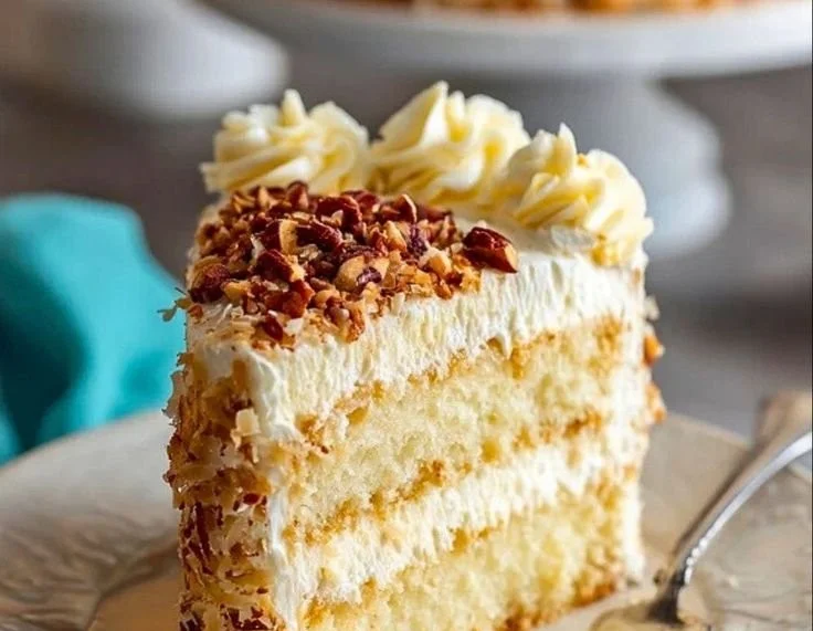 Delicious homemade Italian Cream Cake with rich frosting and nuts