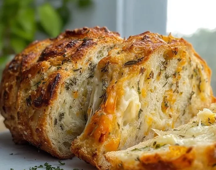 Freshly baked Italian herbs and cheese bread with a golden crust and garnished herbs