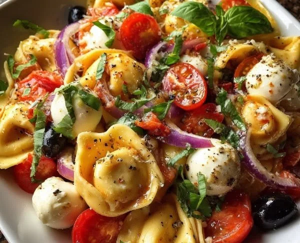 Delicious Italian Tortellini Pasta Salad with fresh ingredients and vibrant colors.