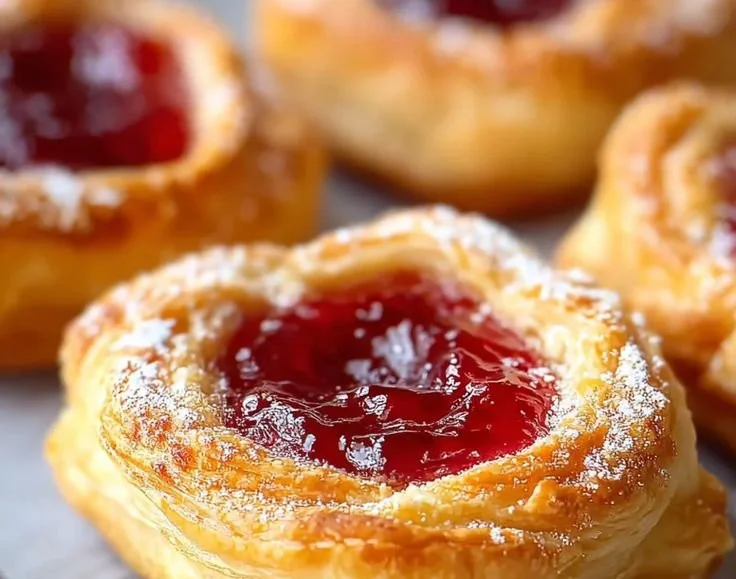 Delicious jam tarts in juicy puff pastry on a baking tray