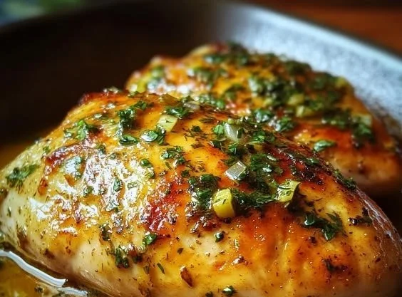 Juicy baked chicken breast served on a plate with herbs and vegetables