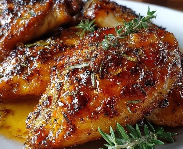 Juicy baked chicken breast served with herbs and spices on a plate