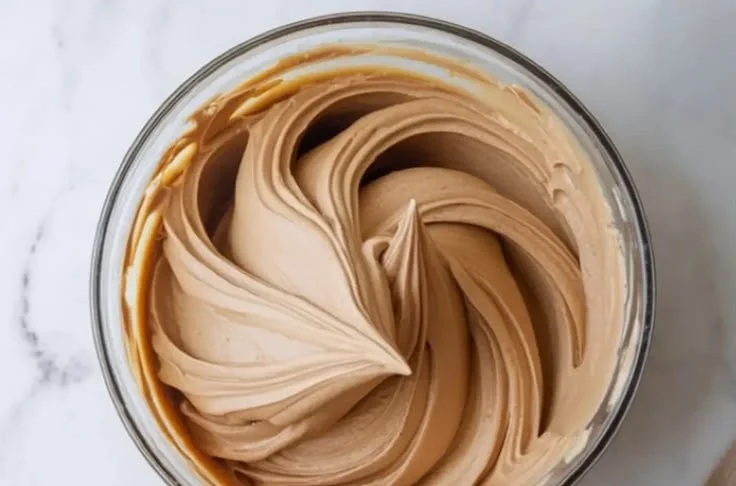 Kahlua-infused buttercream cake filling in a bowl with a spatula