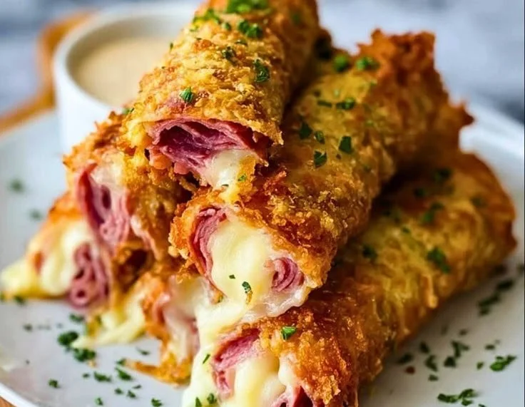 Keto Reuben Roll-Ups served on a plate with dipping sauce