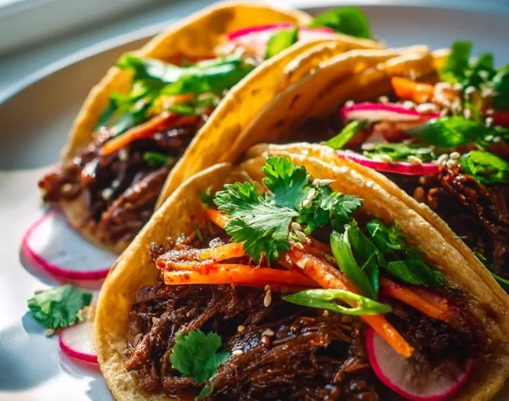 Delicious Kimchi Bulgogi Tacos with tangy pickled vegetables