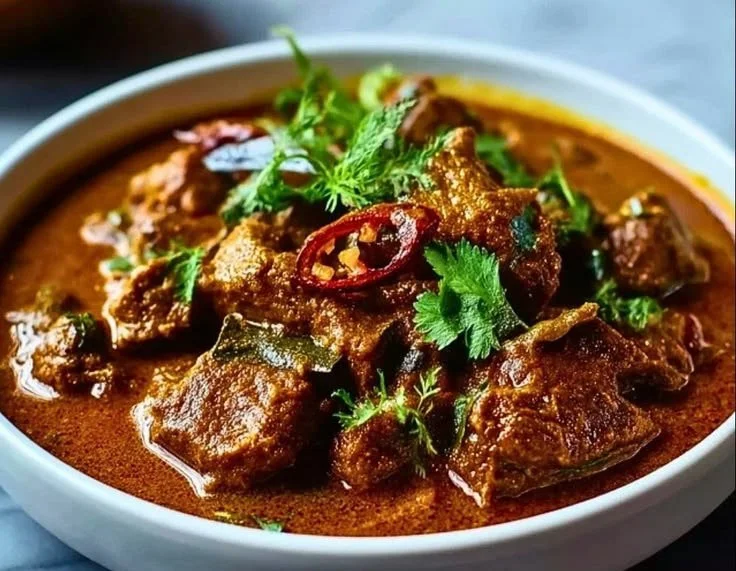 Delicious lamb curry served with rice and garnished with herbs