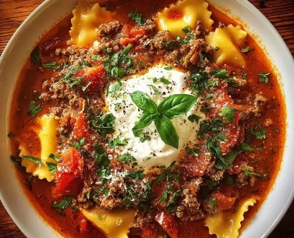 A bowl of lasagna soup featuring ricotta cheese and pasta layers